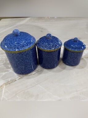 Vintage 90’s Over& Back Spongeware Crock Blue Speckled with yellow green edge